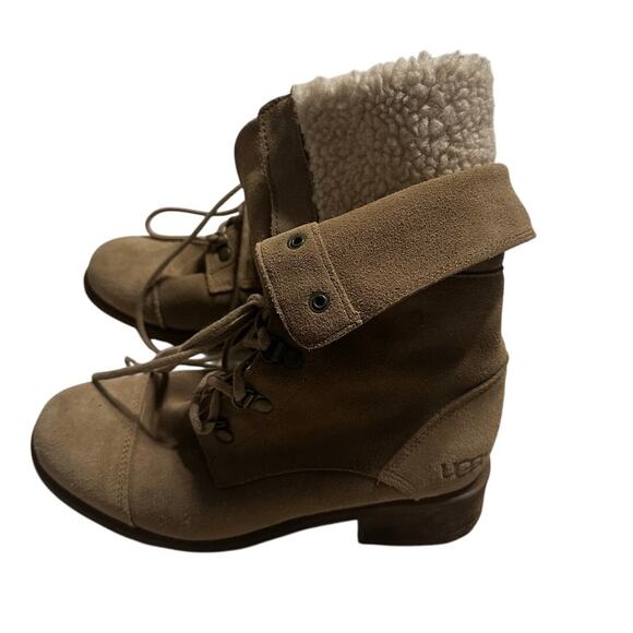 UGG Gradin Suede Lace-Up Boots Women's Size 7 Chestnut Shearling Round Toe - Picture 1 of 9